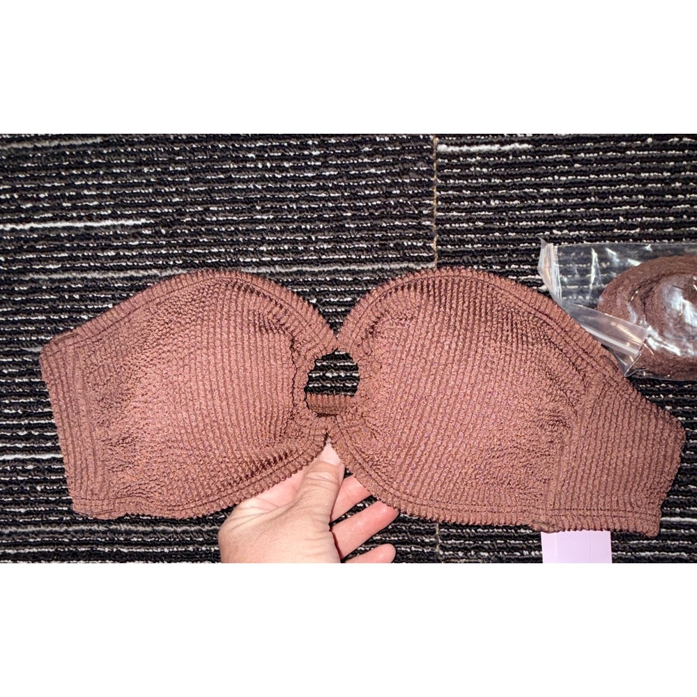 Wild Fable Bikini Top Women M Brown NEW Crinkle Bandeau Ring Detail Straps